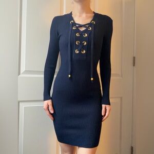Michael Kors Navy Lace-Up Long Sleeve Dress